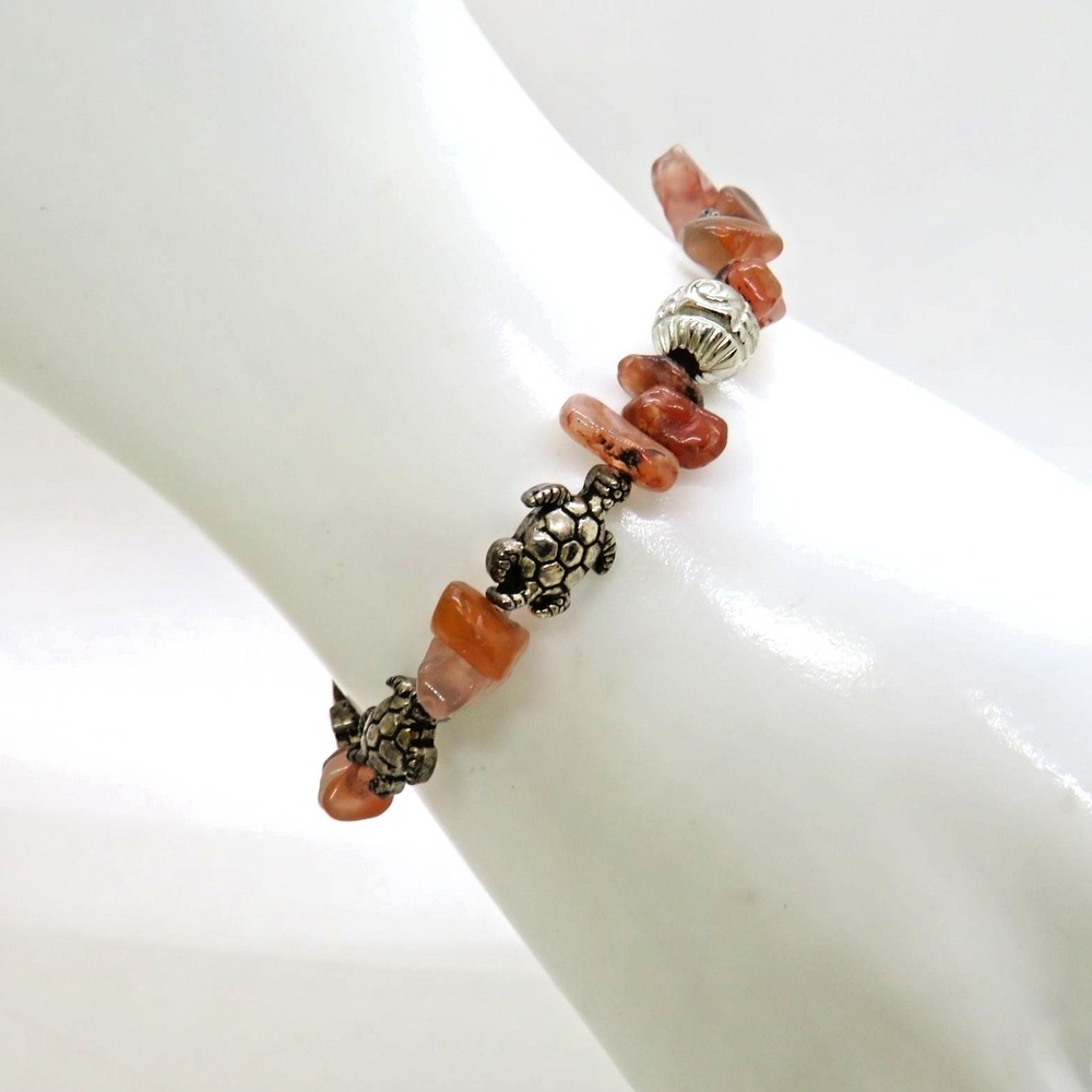 Carnelian Stone Chips Silver Bracelet Sea Turtle Silver Tone Charms